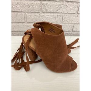 Rouge Helium Cognac Suede Ankle Tie Peep Toe Chunky Heel Size 8